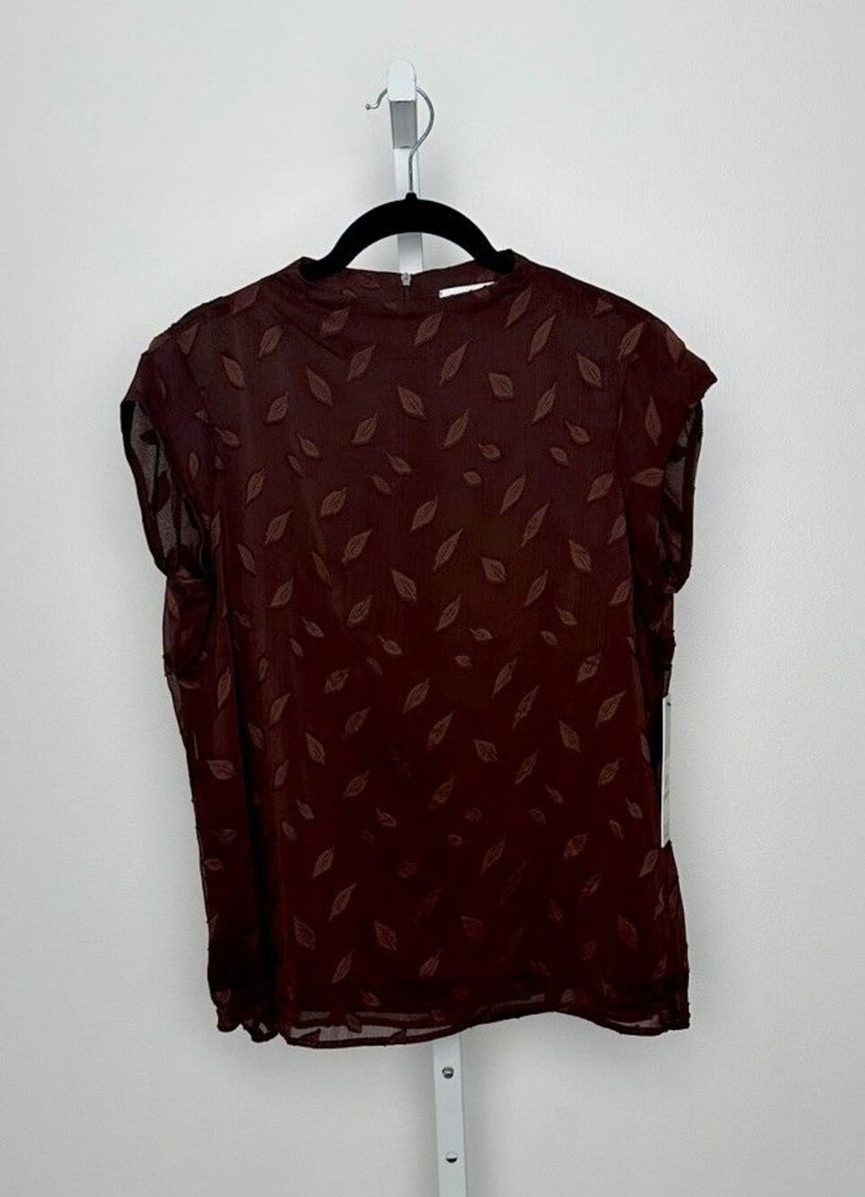 Calvin Klein Embroidered Leaf Cap Sleeve Top Women's M Dark Brown Back Zip
